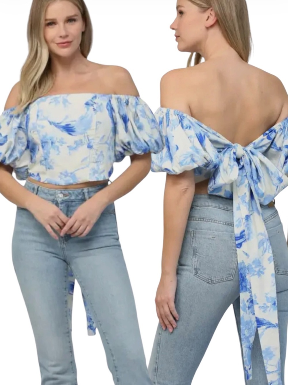 🌻NEW w/tag Fate Flora Puff Sleeve Top Blue Cream Floral Long Sleeve Blouse sz S